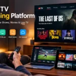 Online TV streaming platform showing movies, TV shows, live TV, and multi-device streaming.