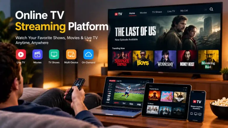 Online TV streaming platform showing movies, TV shows, live TV, and multi-device streaming.